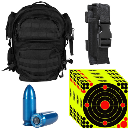 NcSTAR Vism Tactical Back Pack, Bundle with Single Pistol Magazine Pouch, Black, 10x Aries 12x12" Splatter Yellow Shooting Target Stickers, 10x A-Zoom Snap Cap for 9mm Luger Centerfire Pistol, Blue