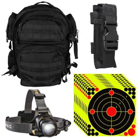 NcSTAR Vism Tactical Back Pack, Bundle with Single Pistol Magazine Pouch, Black, 10x Aries 12x12" Splatter Yellow Shooting Target Stickers, RucPac Professional Focus Headlamp, 1000 Lumens