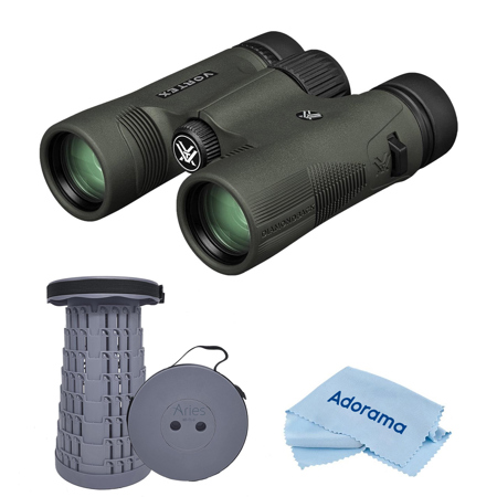 Vortex Optics 10x32 Diamondback HD Waterproof Roof Prism Binocular with 6.5 Degree Angle of View, Bundle with Telescoping Stool/Chair and Cleaning Cloth
