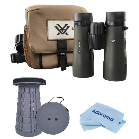 Vortex Optics 8x42 Diamondback HD Waterproof Roof Prism Binocular with 7.5 Degree Angle of View, Bundle with Telescoping Stool/Chair and Cleaning Cloth