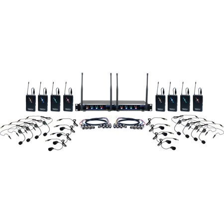 VocoPro Digital-Play-8 8-Channel UHF Digital Wireless System, Includes 2x Digital-Quad Receivers, 8x Bodypack Transmitters, 8x Headset Mics and 8x Lavalier Mics, 900MHz