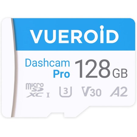 Vueroid 128GB Dashcam Pro microSD Card with Reader Adapter, C10, V30, UHS-I, Class 10, A2
