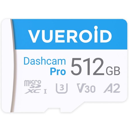 Vueroid 512GB Dashcam Pro microSD Card with Reader Adapter, C10, V30, UHS-I, Class 10, A2