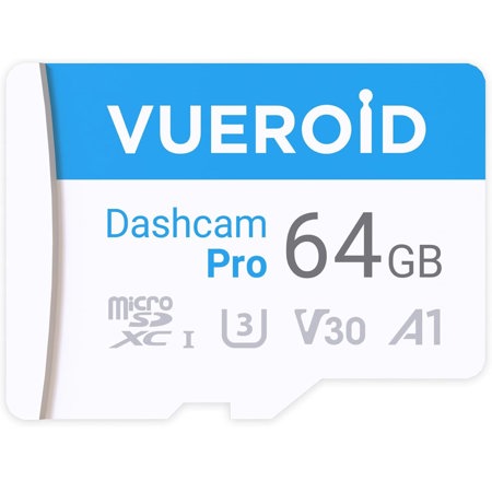 Vueroid 64GB Dashcam Pro microSD Card with Reader Adapter, C10, V30, UHS-I, Class 10, A1