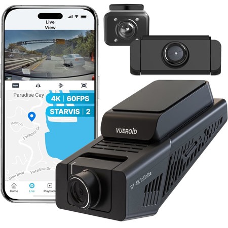 Vueroid S1 4K Infinite 3 Channel Dash Cam Front and Inside Rear Car Camera, 4K, 2.5K Dashcam for Car,