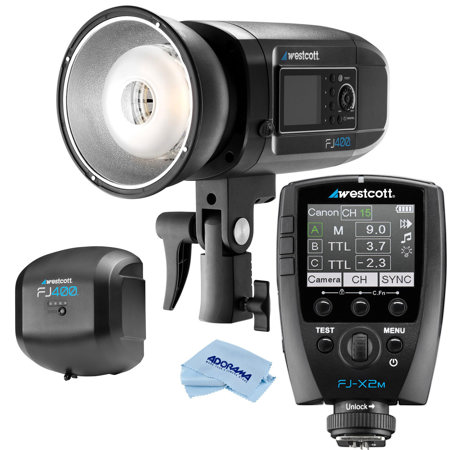 Westcott FJ400 Strobe 400Ws with AC/DC Battery - With Westcott FJ-X2m Universal Wireless Flash Trigger, Westcott FJ400 AC/DC Lithium Polymer Battery, Microfiber Cloth