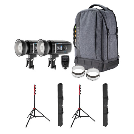 Westcott FJ400 Strobe 2-Light Backpack Kit with FJ-X3m Universal Wireless Trigger, Bundle with Flashpoint Pro Air-Cushioned Heavy-Duty Light Stands, Red/9.5'