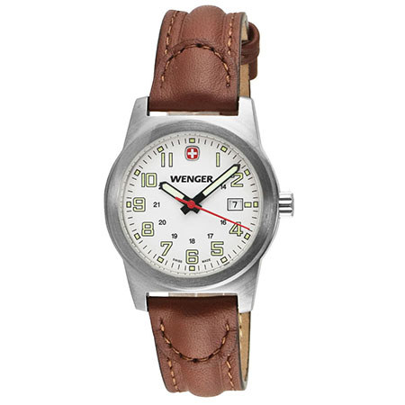 Wenger Classic Field Small Swiss Quartz Women Watch, Leather Strap, White/Brown