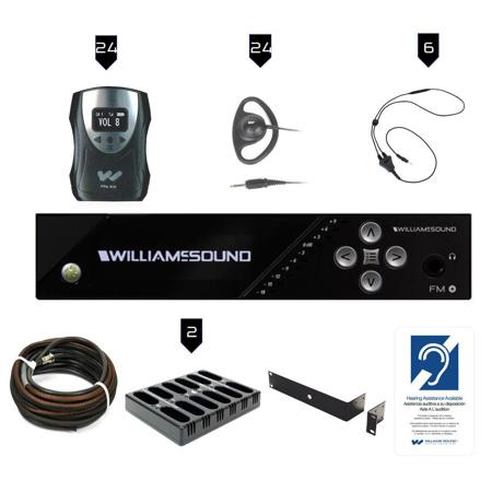 Williams Sound FM 558-24 Pro D Plus Large Area Dual FM and Wi-Fi Assistive Listening System, Includes FM T55 D Transmitter with Dante Input, 24x PPA R38N Receivers