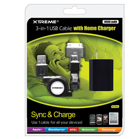Xtreme Cables 3-in-1 USB Cable with 1000mAh Home Charger
