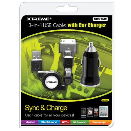Xtreme Cables 3-in-1 USB Cable with 1000mAh Car Charger