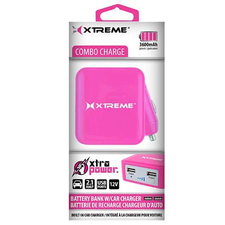 Xtreme Cables 3600mAh Battery Bank with Built-in Car Charger, Pink