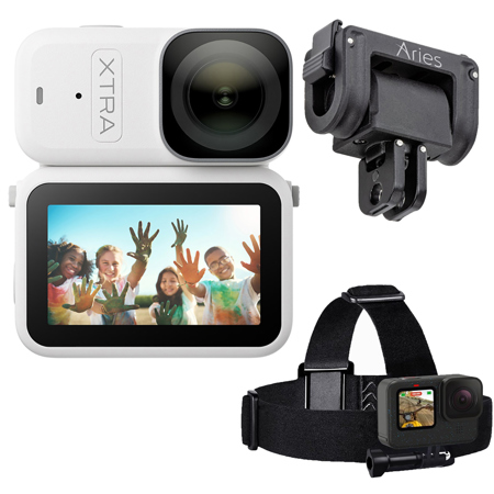 XTRA EDGE Atto 4K Action Camera, White, with QR Base and Head Strap Mount