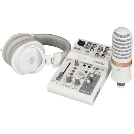 Yamaha AG03MK2 LSPK 3-Channel Live Streaming Mixer Pack with YMC01 Microphone and YHMT1 Headphones, White