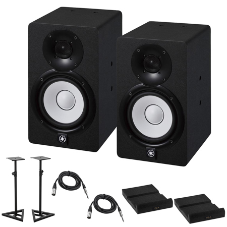 Yamaha 2x HS5I 2-Way Active Bass-Reflex Bi-Amped Powered Studio Monitor with 5" Cone Woofer, 70W Peak, Black Bundle with 2x Monitor Stand, 2x TRS 1/4" M to 1/4" M Cable, 2x Isolation Pad