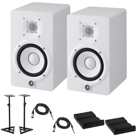 Yamaha 2x HS5 5" 70W Powered Two-Way Studio Monitor, with 5" Woofer and 1" Tweeter, White Bundle with 2x Monitor Stand, 2x TRS 1/4" M to 1/4" M Cable, 2x Isolation Pad