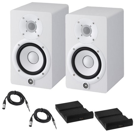 Yamaha 2x HS5 5" 70W Powered Two-Way Studio Monitor, with 5" Woofer and 1" Tweeter, White Bundle with 2x TRS 1/4" Male to 1/4" Male Cable, 2x Isolation Pad