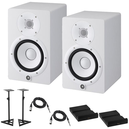 Yamaha 2x HS7 6.5" 2-Way Bass-Reflex Bi-Amplified Powered Studio Monitor, 43Hz - 30kHz, 95W Output Power, White Bundle with 2x Monitor Stand, 2x TRS 1/4" M to 1/4" M Cable, 2x Isolation Pad