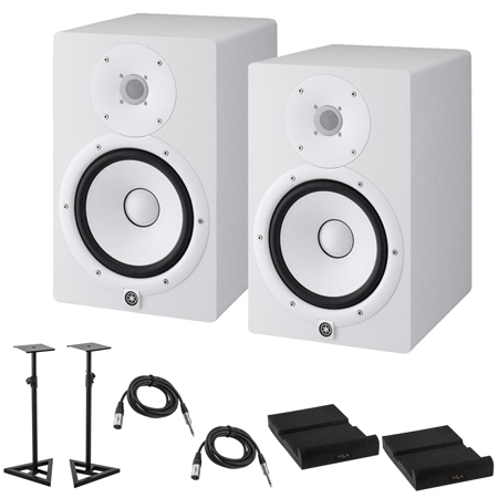 Yamaha 2x HS8 8" 2-Way Bass-Reflex Bi-Amplified Powered Studio Monitor, 38Hz - 30kHz, 120W Output Power, White Bundle with 2x Monitor Stand, 2x TRS 1/4" M to 1/4" M Cable, 2x Isolation Pad