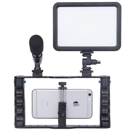 YELANGU Smartphone Video Rig Kit, Phone Cage w/ LED Light, Microphone Mount