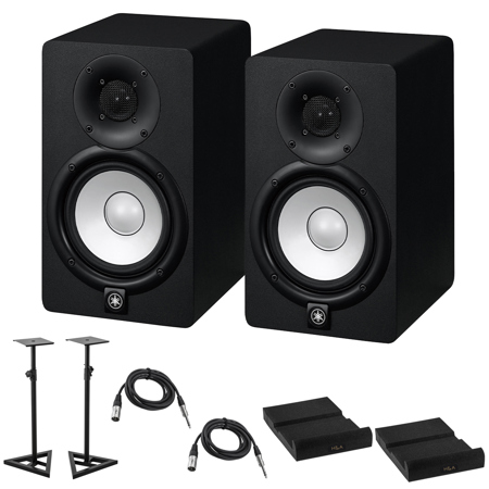 Yamaha 2x HS5 5" 70W Powered Two-Way Studio Monitor, with 5" Woofer and 1" Tweeter, Black Bundle with 2x Monitor Stand, 2x TRS 1/4" M to 1/4" M Cable, 2x Isolation Pad