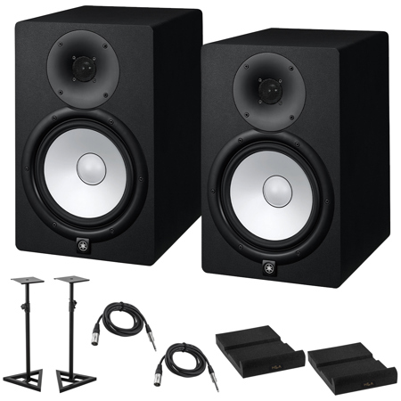 Yamaha 2x HS8 8" 2-Way Bass-Reflex Bi-Amplified Powered Studio Monitor, 38Hz - 30kHz, 120W Output Power, Black Bundle with 2x Monitor Stand, 2x TRS 1/4" M to 1/4" M Cable, 2x Isolation Pad