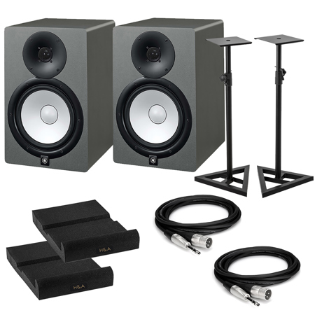 Yamaha HS8 8" 60W 2-Way Bass-Reflex Bi-Amplified Powered Studio Monitor, Slate Gray, 2-Pack, Bundle with 2x Isolation Pads, 2x Monitor Stands and 2x 10' Hosa Cables