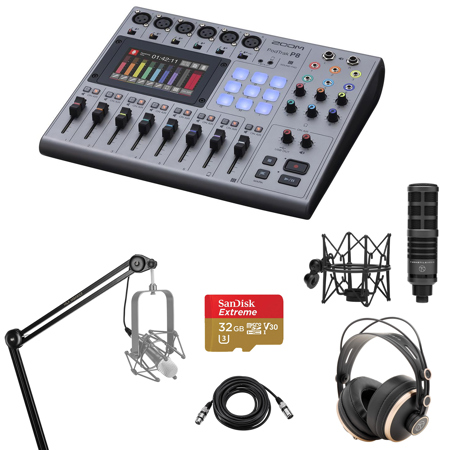 Zoom PodTrak P8 Podcast Recorder Bundle with TAP300 Microphone, TAPH700 Headphones, Broadcast Arm, XLR M to F Cable, 32GB microSD Card