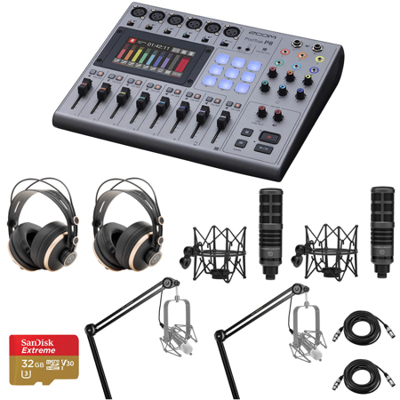 Zoom PodTrak P8 Podcast Recorder Bundle with 2x TAP300 Microphone, 2x TAPH700 Headphones, 2x Broadcast Arm, 2x XLR M to F Cable, 32GB microSD Card
