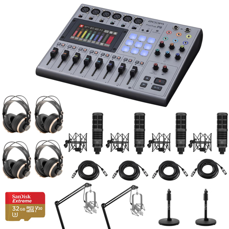 Zoom PodTrak P8 Podcast Recorder Bundle with 4x TAP300 Microphone, 4x TAPH700 Headphones, 2x Broadcast Arm, 2x Microphone Stand, 4x XLR M to F Cable, 32GB microSD Card