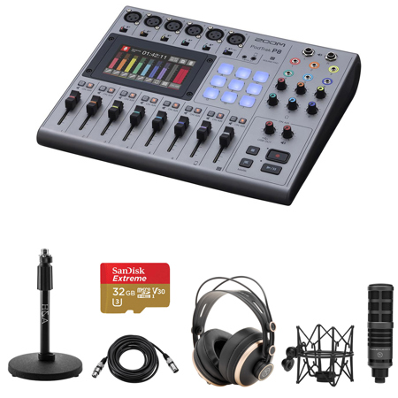 Zoom PodTrak P8 Podcast Recorder Bundle with TAP300 Microphone, TAPH700 Headphones, Microphone Stand, XLR M to F Cable, 32GB microSD Card