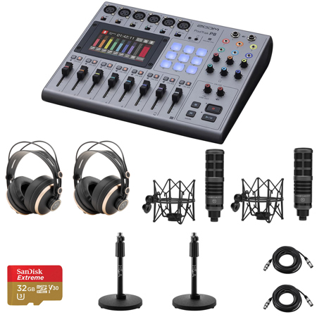 Zoom PodTrak P8 Podcast Recorder Bundle with 2x TAP300 Microphone, 2x TAPH700 Headphones, 2x Microphone Stand, 2x XLR M to F Cable, 32GB microSD Card