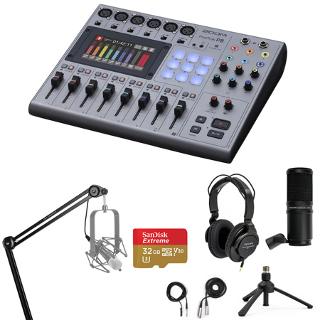 Zoom PodTrak P8 Podcast Recorder with ZDM-1 Mic, Broadcast Arm & Headphones