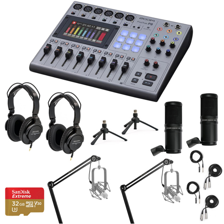 Zoom PodTrak P8 Podcast Recorder Bundle with 2x ZDM-1 Microphone, 2x ZHP-1 Headphones, 2x ZTPS-4 Tabletop Tripod, 2x Broadcast Arm, 32GB microSD Card