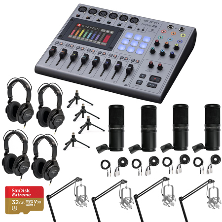 Zoom PodTrak P8 Podcast Recorder Bundle with 4x ZDM-1 Microphone, 4x ZHP-1 Headphones, 4x ZTPS-4 Tabletop Tripod, 4x Broadcast Arm, 32GB microSD Card