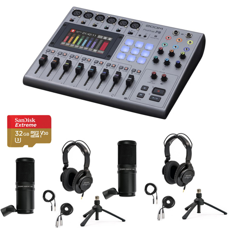 Zoom PodTrak P8 Podcast Recorder Bundle with 2x ZDM-1 Microphone, 2x ZHP-1 Headphones, 2x ZTPS-4 Tabletop Tripod, 32GB microSD Card