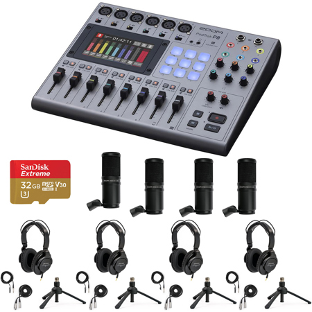 Zoom PodTrak P8 Podcast Recorder with 4x ZDM-1 Mic, 4x Stand & 4x Headphones
