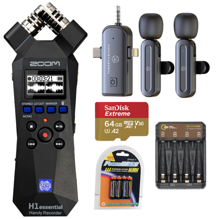 Zoom H1essential 2-Track 32-Bit Float Handy Recorder, Bundle with 3-in-1 Wireless Lavalier Mic, 64GB microSDXC Memory Card, 4x AAA Ni-MH Battery, 4-Bay Charger