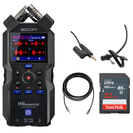 Zoom H4essential 4-Track 32-Bit Float Handy Recorder, Bundle with TASL500 Lavalier Microphone, Headset Extension Cable and 32GB Memory Card