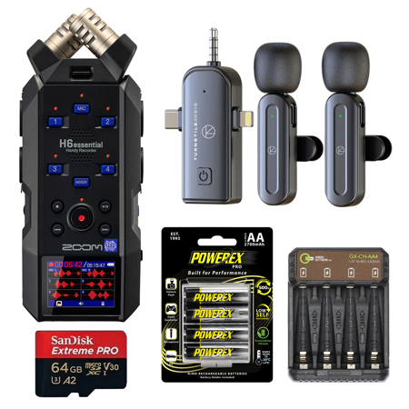 Zoom H6essential 6-Track 32-Bit Float Handy Recorder, Bundle with Lavalier Microphone, 64GB microSDXC Memory Card, 4x AA NiMH Batteries, Charger