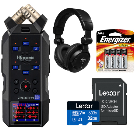 Zoom H6essential 6-Track 32-Bit Float Handy Recorder, Bundle with Headphones, 32GB Memory Card and AA Battery