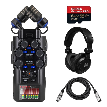 Zoom H6studio 8-Track 32-Bit Float Handy Recorder, Bundle with TAPH100 Headphones, 64GB Memory Card, 10' Microphone Cable