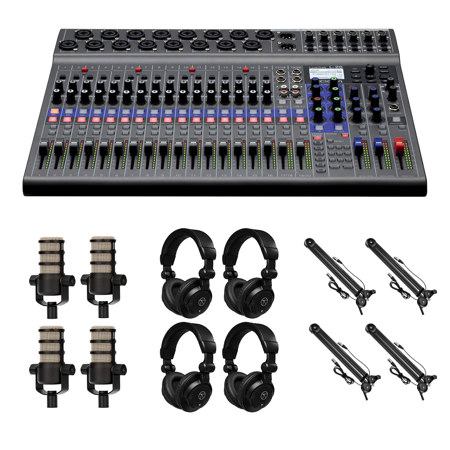 Zoom LiveTrak L-20 20-Channel Digital Mixer & Multitrack Recorder, Bundle with 4x PodMic Microphone, 4x TAPH100 Monitor Headphones, 4x Broadcast Arm