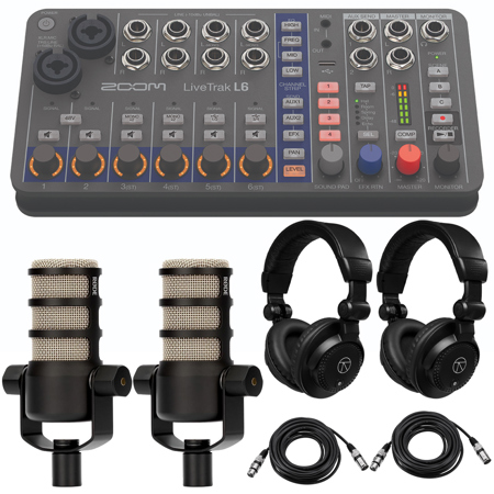 Zoom LiveTrak L6 10-Track Compact and Portable Digital Mixer/Recorder, Bundle with 2x PodMic Microphone, 2x TAPH100 Monitor Headphones, 2x 25' Microphone Cable