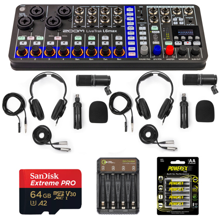 Zoom LiveTrak L6max 12-Ch Digital Mixer & Recorder,2x Podcast Mic Set,4x Battery