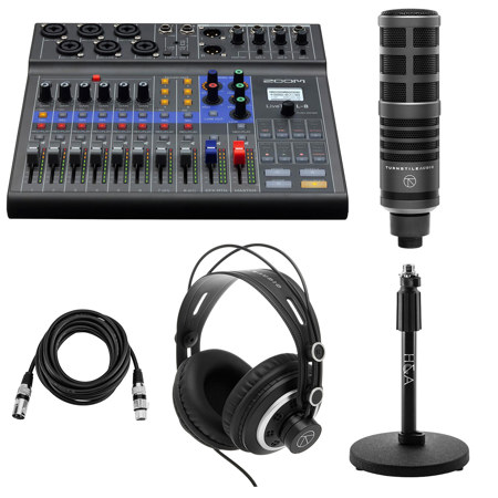 Zoom LiveTrak L-8 Portable 8-Channel Digital Mixer and Multitrack Recorder, Bundle 2x Platform Cardioid Dynamic Broadcast Mic, 2x Tabletop Microphone Stand, 2x Studio Monitoring Headphones, Cables