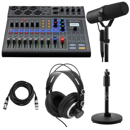 Zoom LiveTrak L-8 Portable 8-Channel Digital Mixer and Multitrack Recorder - Bundle With Shure SM7B Cardioid Vocal Mic, On-Stage DS7200B Desktop Mic Stand, A-T ATH-M20x Pro Monitor Headphones, Cable