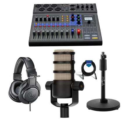 Zoom LiveTrak L-8 Portable 8-Channel Digital Mixer and Multitrack Recorder - Bundle With Rode Podcasting Microphone with Swing Arm, AT ATH-M20x Pro Monitor Headphones, H&A Tabletop Mic Stand, Cable