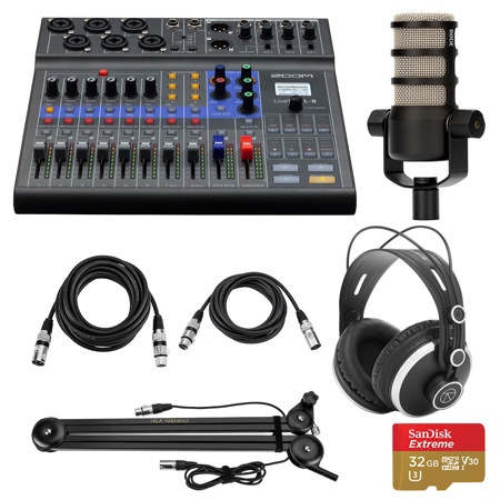 Zoom LiveTrak L-8 Portable 8-Channel Digital Mixer and Multitrack Recorder, Bundle with PodMic Microphone, TAPH500 Headphones, Broadcast Arm, 10' and 15' XLR M to F Cable, 32GB microSD Card