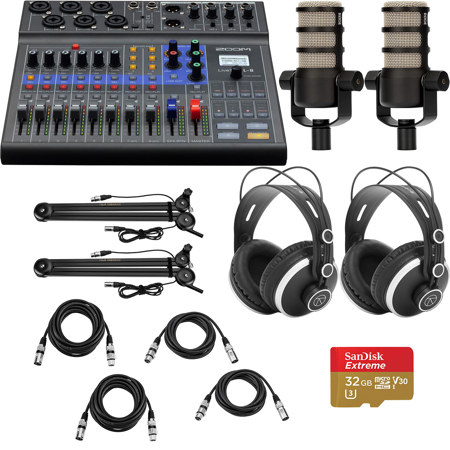 Zoom LiveTrak L-8 Portable 8-Channel Digital Mixer and Multitrack Recorder, Bundle with 2x PodMic Microphone, 2x TAPH500 Headphones, 2x Broadcast Arm, 2x 10' & 15' Value Series Mic Cable, 32GB microSD Card